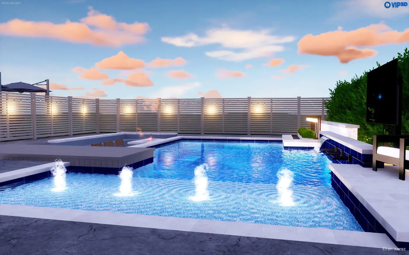 Photoreal 3D design rendering of a pool and spa at dusk